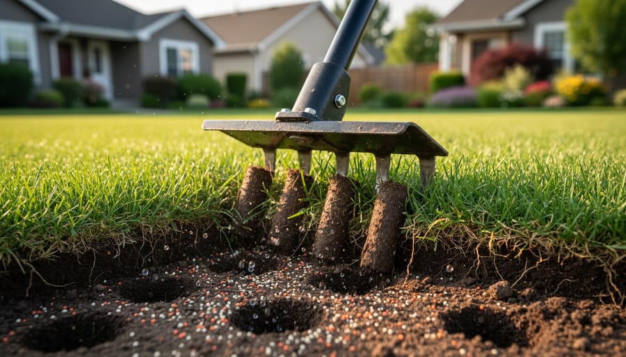 Aerated lawn soil showing visible plugs and loose texture at ground level
