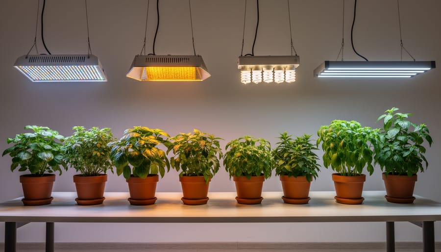 Several types of grow lights arranged on a workbench illuminating plant propagation trays.