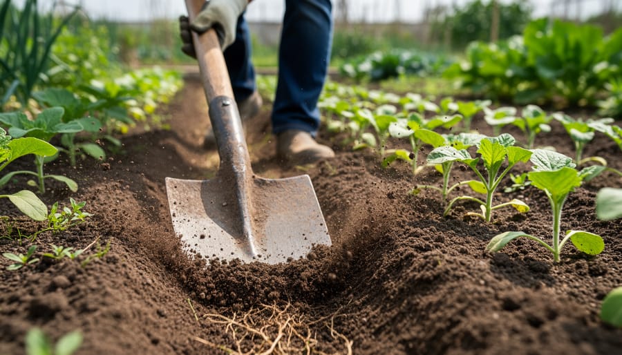 Gardener’s hands holding a draw hoe with a rectangular blade while working in a vegetable garden bed
