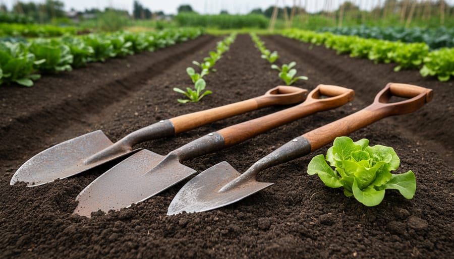 Close-up of forged steel and hardwood-handled hoes resting in a vegetable garden bed with lettuce seedlings and dark soil furrows in the background.