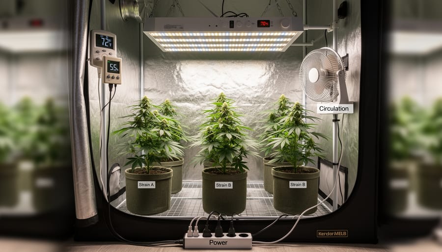 Inside a grow tent with reflective walls, an LED grow light overhead, and healthy leafy plants in grow bags.