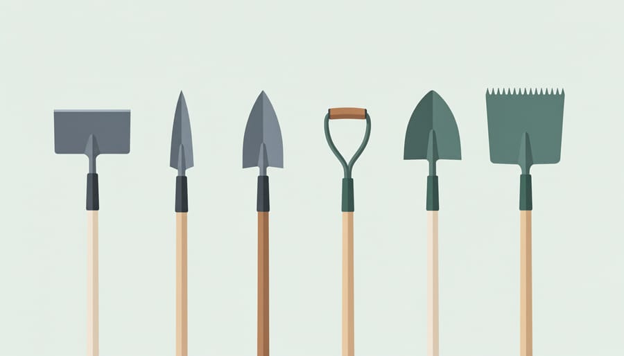 Garden hoem heads with different blade shapes arranged on a workbench, including a triangular Warren hoe and rectangular draw hoe
