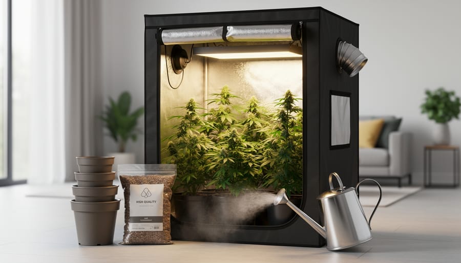 Indoor grow tent with LED light over leafy herbs and essential supplies including drainage pots, growing medium, and a watering can.