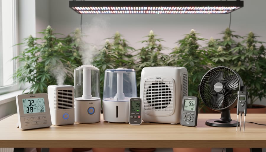Hands holding an inline fan and carbon filter with a temperature and humidity meter near an indoor grow setup.