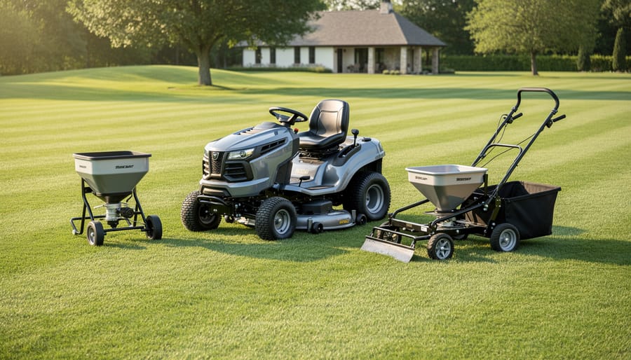 Riding mower and lawn spreader positioned on a large green lawn at a property edge