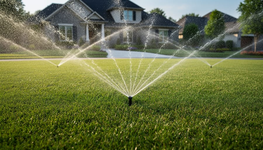 Sprinkler watering a large lawn with visible mist over grass blades