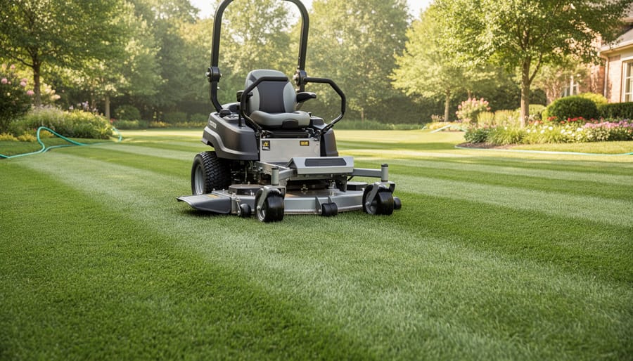 Riding lawn mower cutting a large green lawn with visible zone-like sections and crisp grass stripes under natural daylight.