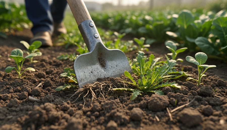 Scuffle hoe working in a garden bed near lettuce plants, showing the blade cutting just below the soil surface