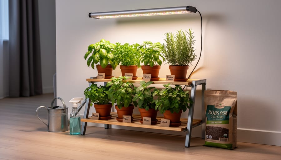 Indoor herb garden on a windowsill with pots and a full-spectrum grow light illuminating healthy seedlings.