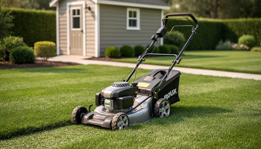 A compact push mower parked on a well-kept small suburban lawn with neatly trimmed grass, softly blurred background with a shed and edging.