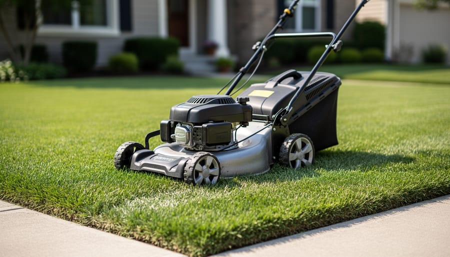 Compact push mower parked on a small suburban lawn beside trimmed edging and a shed in the background