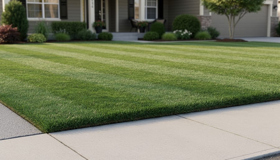 Ground-level view of a neatly maintained small lawn with even grass and a compost bin in the background