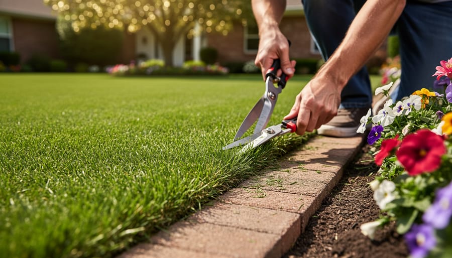 Gardener’s hands holding edging shears and a rake while working at the grass and flower bed border