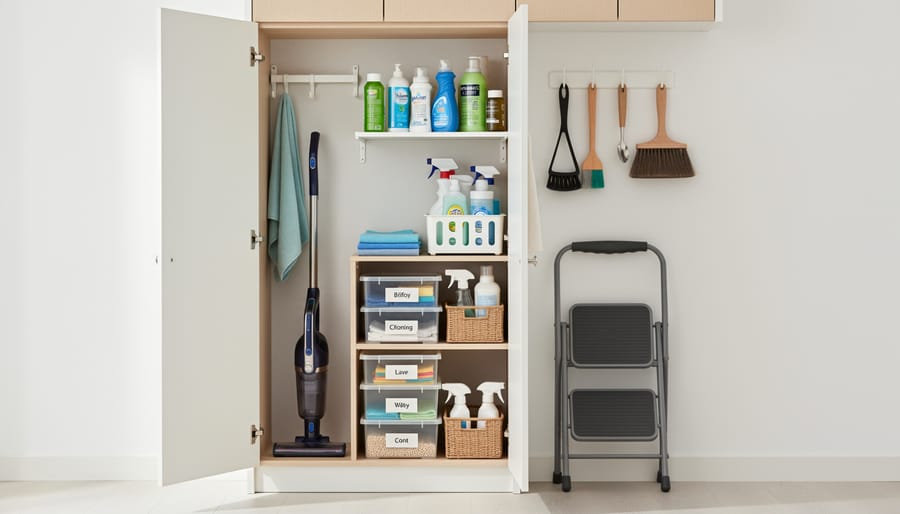 String trimmer stored upright in a small garage with wall-mounted organization and neatly arranged tools